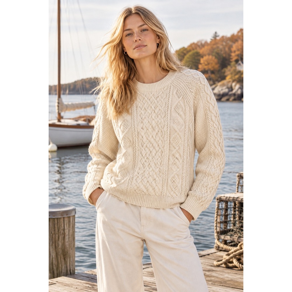 J. Crew Women's 100% Cotton Cable Knit Fisherman Sweater Ivory Pullover Large